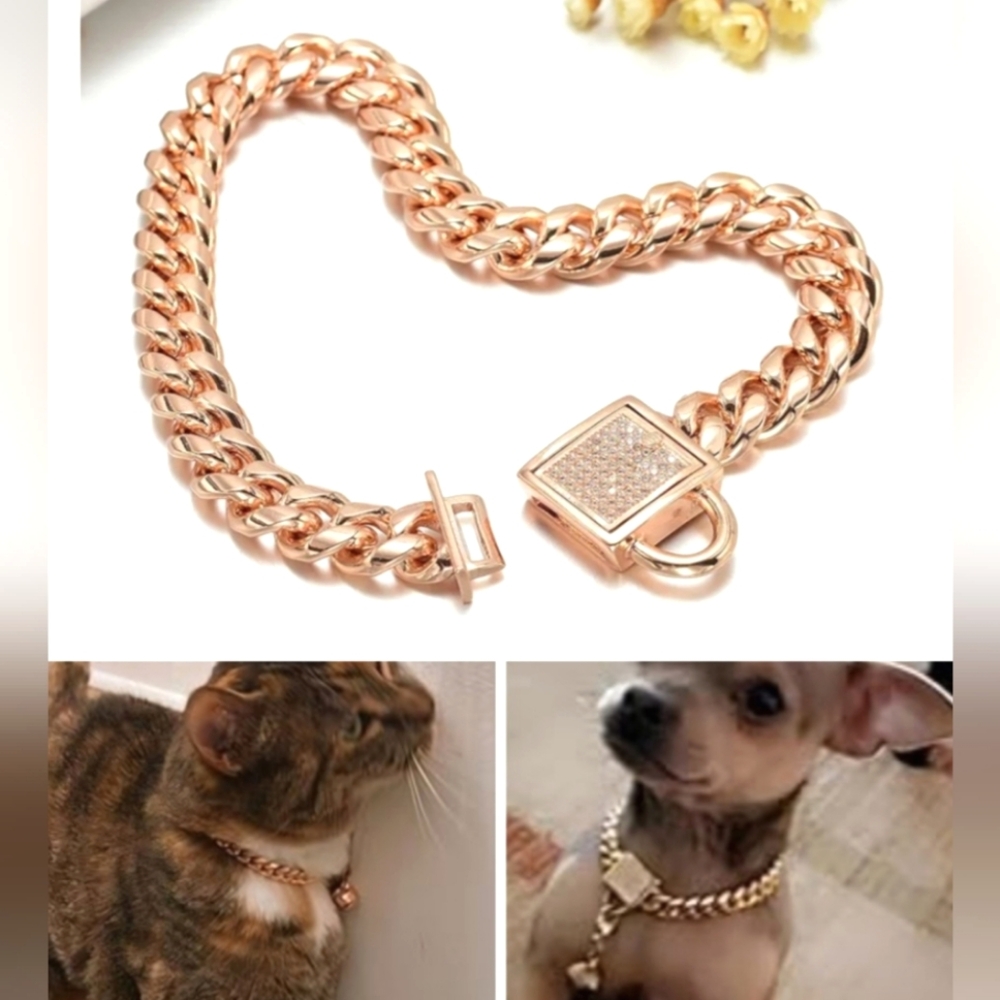 Nwt Rose Gold Chain Dog Collar Metal Stainless Steel Cuban Link 18k Gold Plated